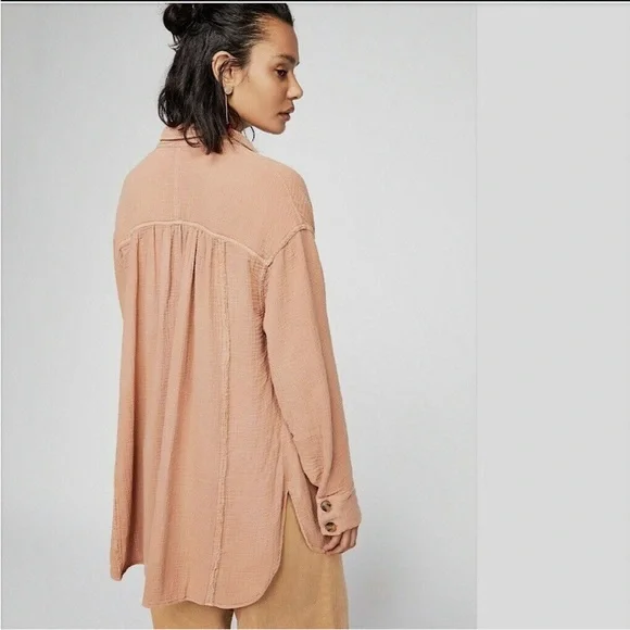 Free People Rusty Rose Mauve Gauzy Button Down Blouse Top Duster Jacket - Picture 3 of 8